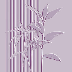 Striped 3d embossed floral seamless pattern. Textured  relief lilac background. Repeat emboss backdrop. Surface stripes, branches, flowers, leaves. 3d beautiful ornament with embossing effect - 790832683