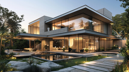 A contemporary urban villa with a striking faÃ§ade, floor-to-ceiling windows, and a landscaped...