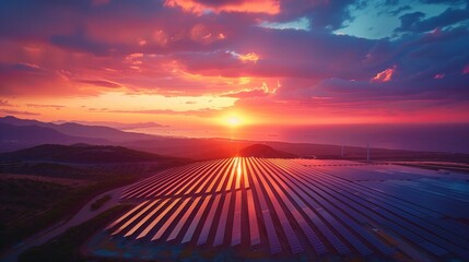 Orange and Pink Skies: Panoramic Shot of Solar Farm, generative ai