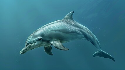 a dolphin swimming underwater. The dolphin is in sharp focus and is captured from the front and slightly to the side, showcasing its playful expression and smooth, streamlined body