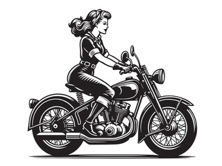 Beautiful young woman riding a motorcycle. Pin up blonde. vintage black isolated illustration, icon, emblem - obrazy, fototapety, plakaty