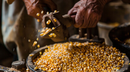 A hand-operated corn grinder turning golden kernels into coarse meal, the rhythmic motion accompanied by the sound of grinding stones.