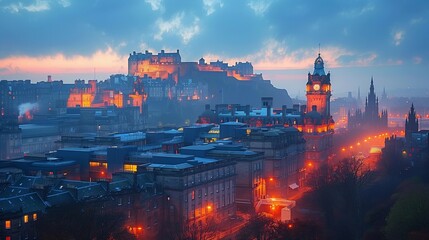 Twilight Skyline of Edinburgh, generative ai