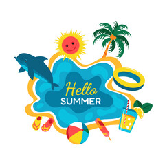 Hello summer. Icon depicting summer accessories. Sea, dolphin, palm tree, sun, swimming ring, flip-flops, ball, cool lemon drink.