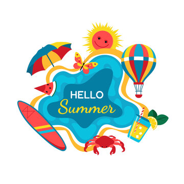 Hello summer. Icon depicting summer accessories. Sea, sun, balloon, subbort, butterfly, crab, umbrella, piece of watermelon, soft lemon drink.