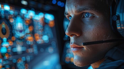 Close-up of a pilot with headset in cockpit, focusing on illuminated aviation instruments.. Created with Generative AI. - obrazy, fototapety, plakaty