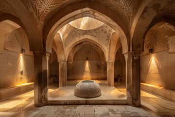 Large stone bowl sitting in a room with arches. Hammam background 