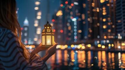 Beautiful woman holding an arabic lantern in front of illuminated cityscape at night, concept of...