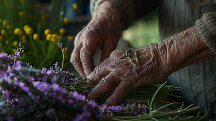 A pair of weathered hands carefully tying up bundles of freshly cut lavender, the fragrant blooms filling the air with their perfume. - obrazy, fototapety, plakaty