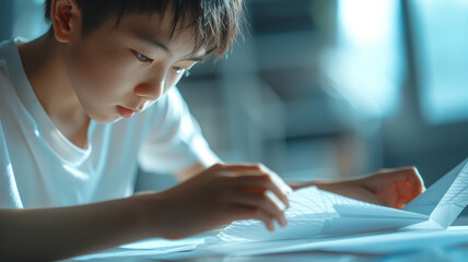 Young boy studying with papers.