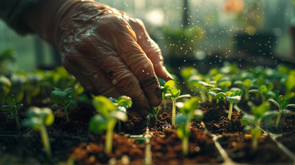 Elderly person's hand planting seedlings.