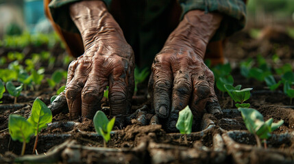 A pair of weathered hands carefully transplanting seedlings into neat rows, their fingers gently cradling the tender roots.