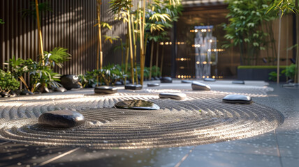 A raked Zen garden with pebbles.