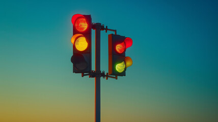 Traffic lights at dusk with a color gradient sky.