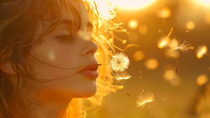 Woman blowing dandelion at sunset