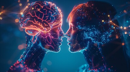 Collaborative Design Create a scene of two people with brainshaped heads, working together on a design, with their brains intertwining to form a cohesive and creative concept 8K , high-resolution, ult