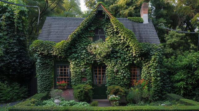 Lush climbing ivy and cascading vines enveloping the walls of a charming Victorian cottage.