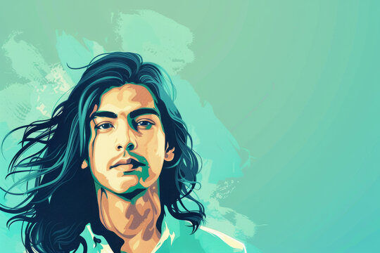 South Asian Indian man with long hair fashion beauty illustration with colorful background.