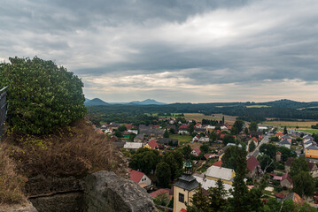 Jestrebi village with Bezdez hill on the background - view from Jestrebi castle ruins