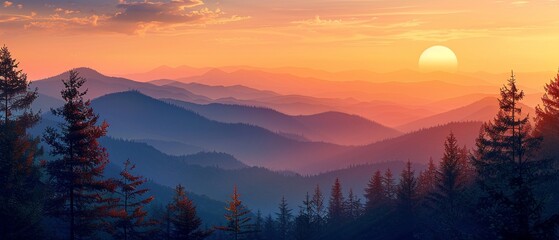 Evening Glow Illustrate the scene during sunset, with the mountains and trees silhouetted against the colorful sky, creating a stunning, serene atmosphere 8K , high-resolution, ultra HD,up32K HD - obrazy, fototapety, plakaty