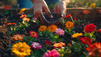 Hands planting flowers in soil