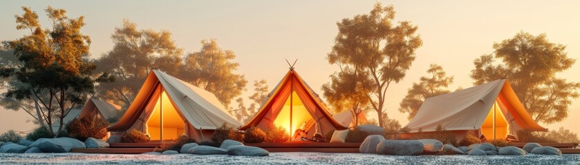 Three tents are set up in a forest, with a fire burning in the middle