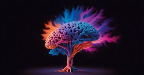 A colorful, abstract tree-like shape with vibrant hues of blue, purple, pink, and orange against a dark background, resembling an explosion of color