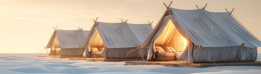 Obraz na płótnie Canvas Three tents are on a beach, with the sun shining on them