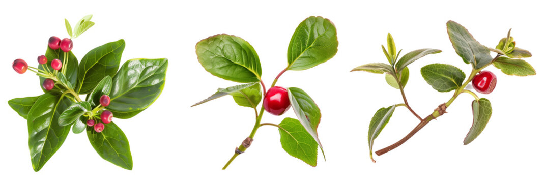 set of wintergreen plants, with red berries, isolated on transparent background