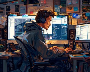 Fototapeta na wymiar Tech Enthusiast Depict the man engrossed in coding on his computer, surrounded by screens and gadgets, with a look of intense concentration 8K , high-resolution, ultra HD,up32K HD