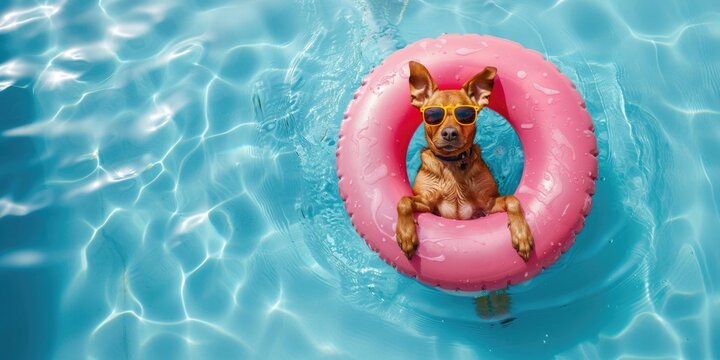 Dog in fency sunglasses floating in swimming pool in Inflatable ring on summer vacation. Cute pet on a walk. Lovely dog in pool
