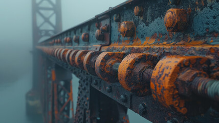 Rusty metal bolts on a bridge in fog.