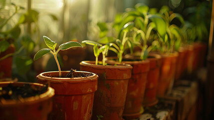 A row of neatly arranged clay pots filled with seedlings, bathed in the gentle light of a greenhouse.