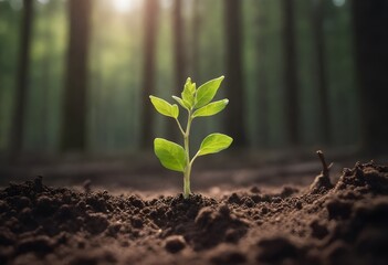 A young green plant sprouting from the soil in a forest, with blurred trees in the background - obrazy, fototapety, plakaty