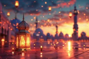 Fototapeta na wymiar Nighttime Illumination Traditional Islamic Lantern Glowing in Front of Mosque Under Starry Sky