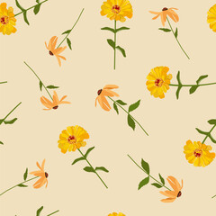 Seamless vector illustration with yellow chrysanthemums on a beige background