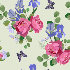 Seamless background with iris, eucalyptus, peony and butterflies.