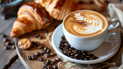 Cappuccino and croissant with coffee bean