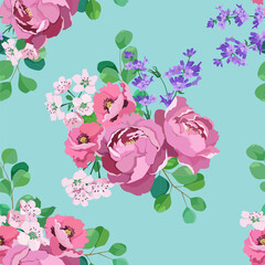 Seamless background with poppy,lavender, cherry flowers and peony