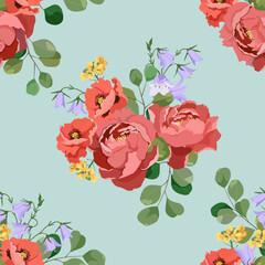 Seamless background with poppy, campanula and peony on blue background.
