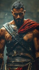 Warrior Depict the man in warrior attire, showing off his muscular physique, ready for battle 8K , high-resolution, ultra HD,up32K HD - obrazy, fototapety, plakaty