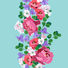 Seamless background with poppy, aquilegia, cherry flowers and peony