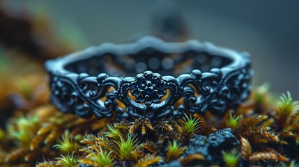 Fototapeta premium Mysterious Antique: Intricate Black Ring in Moody Lighting, generative ai