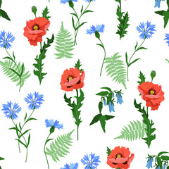Poppy, cornflowers and campanula on a white background.