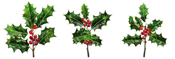 Fototapeta premium set of holly trees, iconic with sharp leaves and red berries, isolated on transparent background