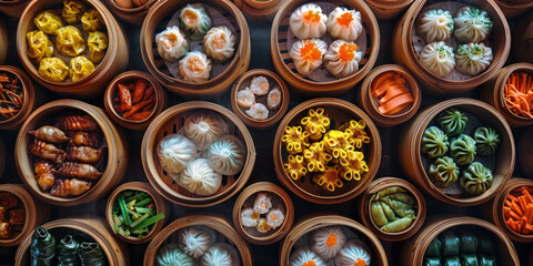 Variety of delicious dumplings in assorted bowls arranged on a table in front of the camera
