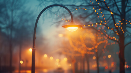 A lit streetlight at dusk with bokeh lights. - obrazy, fototapety, plakaty