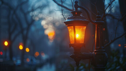 Street lamp glowing at dusk
