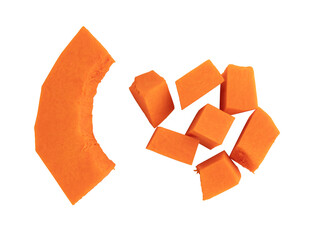 pumpkin slices isolated, top view, set of pieces pumpkin, healthy organic vegetables