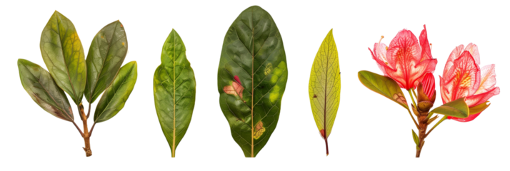 set of rhododendron leaves, varying in shape and color, isolated on transparent background
